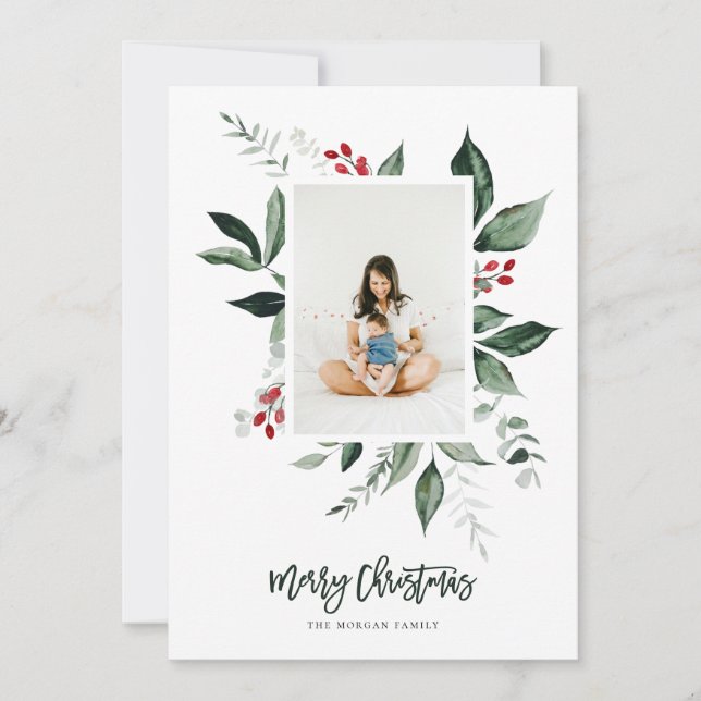 Merry Christmas Winter Berry Botanical Photo Holiday Card (Front)