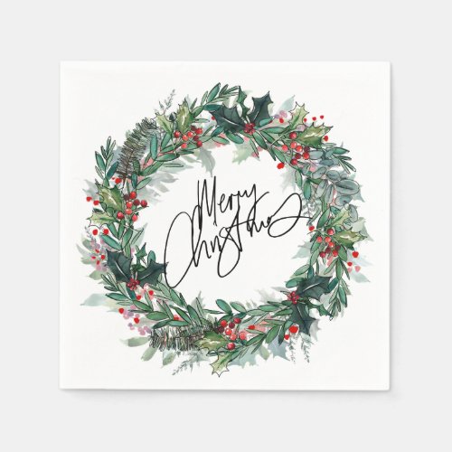 Merry Christmas Winter Berry Wreath Holiday Napkins