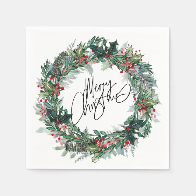 Merry Christmas Winter Berry Wreath Holiday Napkins (Front)