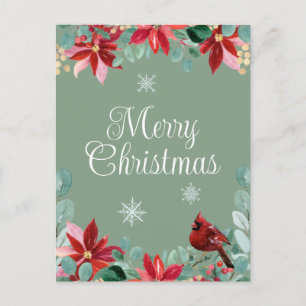 Merry Christmas Winter Bird Cardinal Poinsettia Postcard