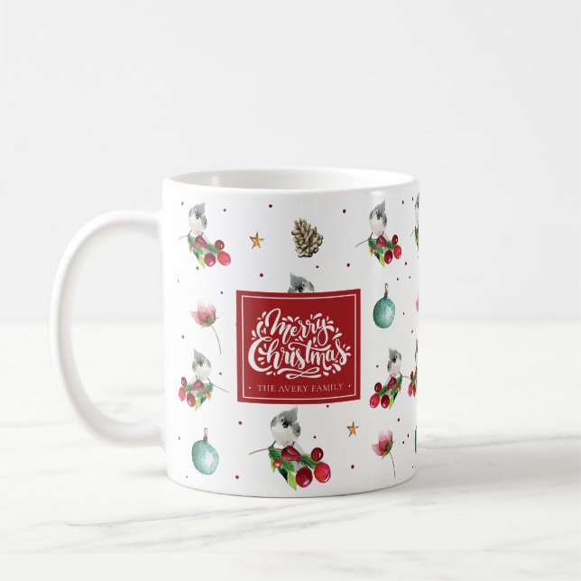 Merry Christmas Winter Bird Pattern Personalized Coffee Mug (Left)