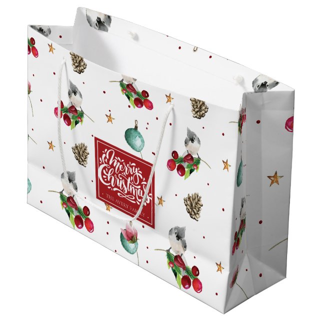 Merry Christmas Winter Bird Pattern Personalized Large Gift Bag (Front Angled)