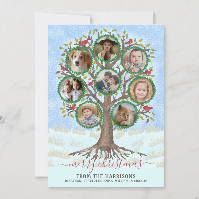 Merry Christmas Winter Family Tree 8 Photo Collage Holiday Card (Front)