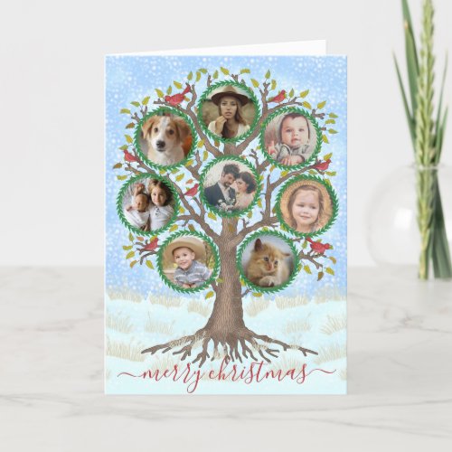 Merry Christmas Winter Family Tree 8 Photo Collage Holiday Card