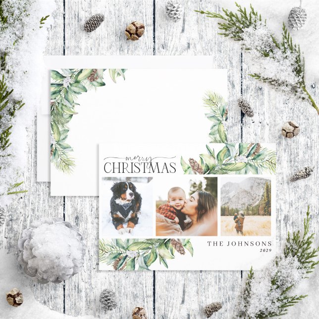 Merry Christmas Winter Fir Cone Greenery Photo Hol Holiday Card (Creator Uploaded)