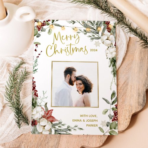 Merry Christmas  Winter Floral and Photo and Gold Holiday Card