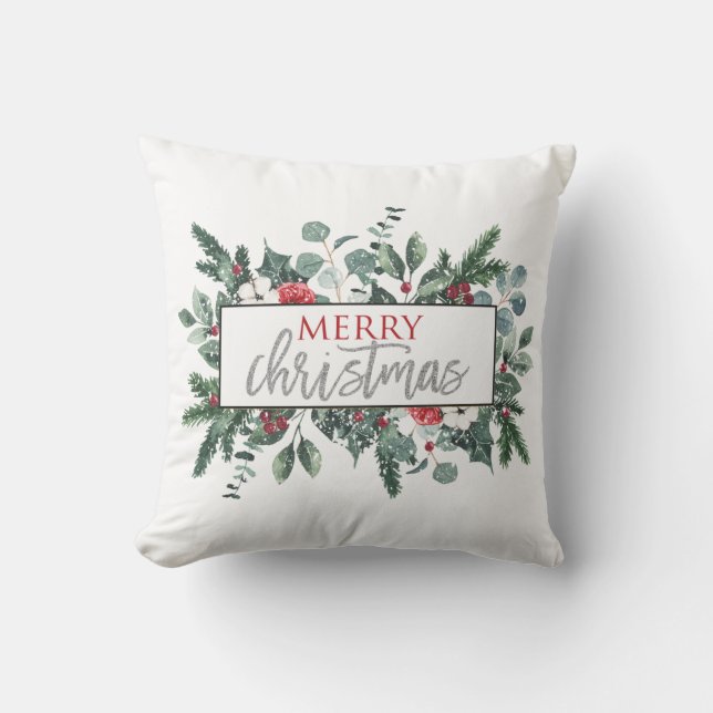 Merry Christmas winter floral Black Plaid Throw Pillow (Front)