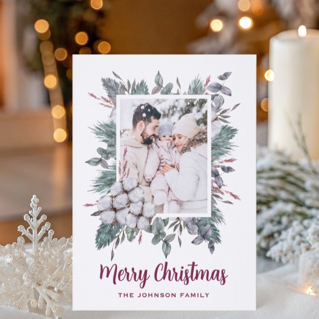 Merry Christmas winter floral cotton flowers Letterpress Photo Cards (Creator Uploaded)