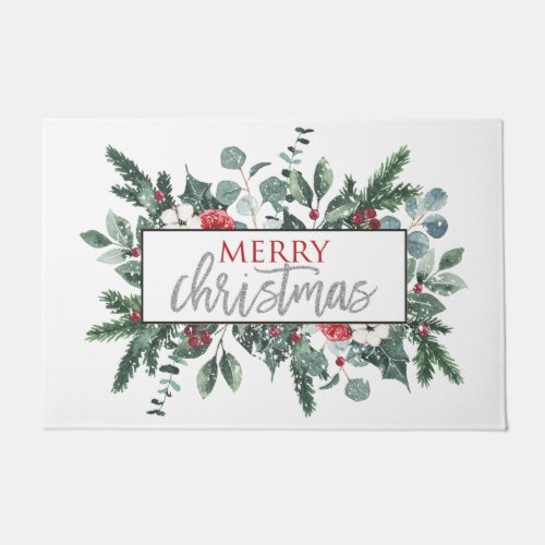 Merry Christmas winter floral door mat