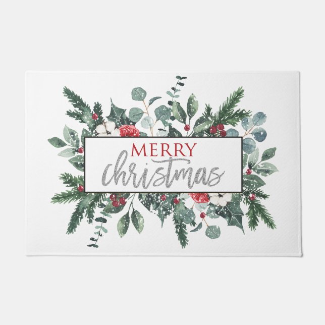 Merry Christmas winter floral door mat (Front)