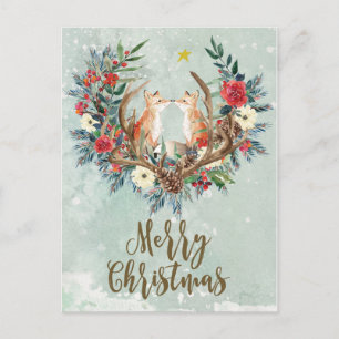 merry christmas winter floral foxes postcard