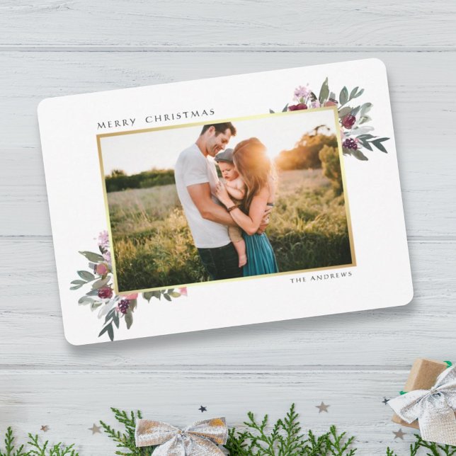 Merry Christmas winter floral gold border photo  Holiday Card (Creator Uploaded)