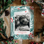 Merry Christmas. Winter floral & pines photo Holiday Card<br><div class="desc">"Merry Christmas" photo card with watercolor pines and floral pattern for winter holiday. Please contact me if you need additional items.</div>