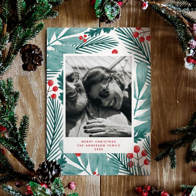 Merry Christmas. Winter floral & pines photo Holiday Card (Creator Uploaded)