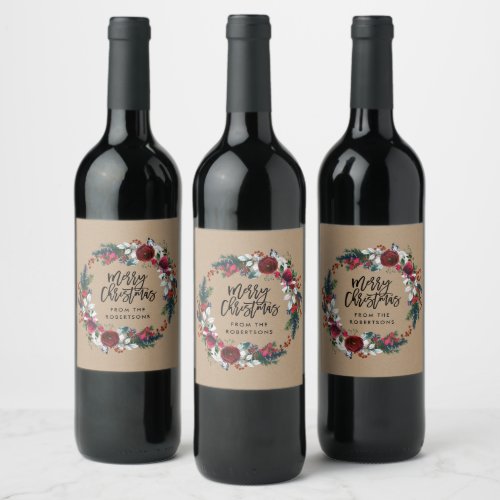 Merry Christmas Winter Floral Wreath Wine Label