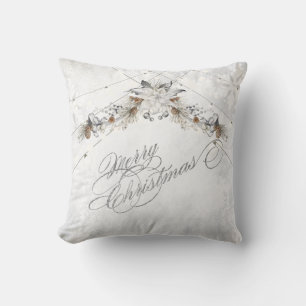 Merry Christmas Winter Flowers Pinecones Throw Pillow