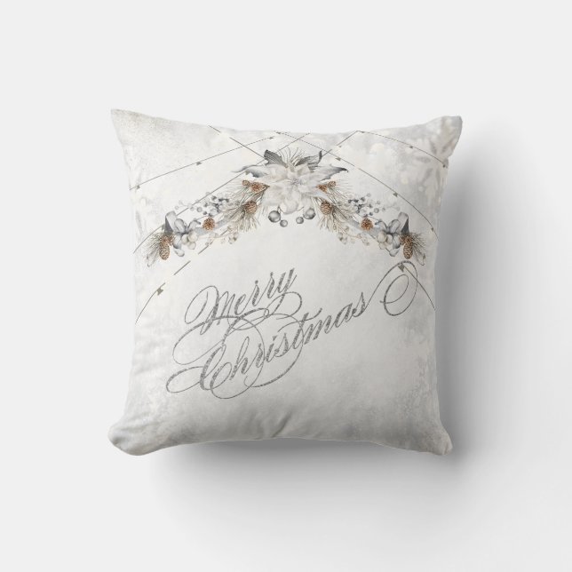  Merry Christmas Winter Flowers Pinecones Throw Pillow (Front)
