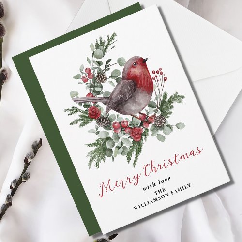 Merry Christmas Winter Foliage Red Robin Holiday Card