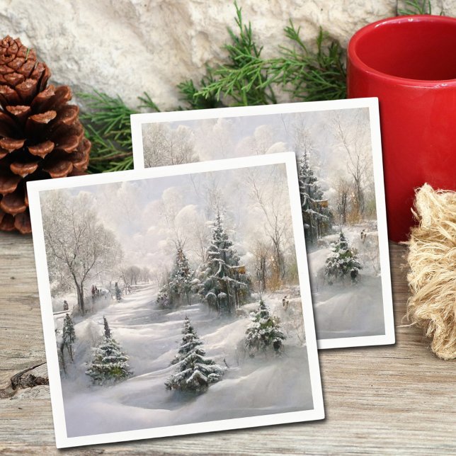 Merry Christmas Winter Forest Landscape  Napkins (Pretty Holiday Napkins Woodland Landscape)