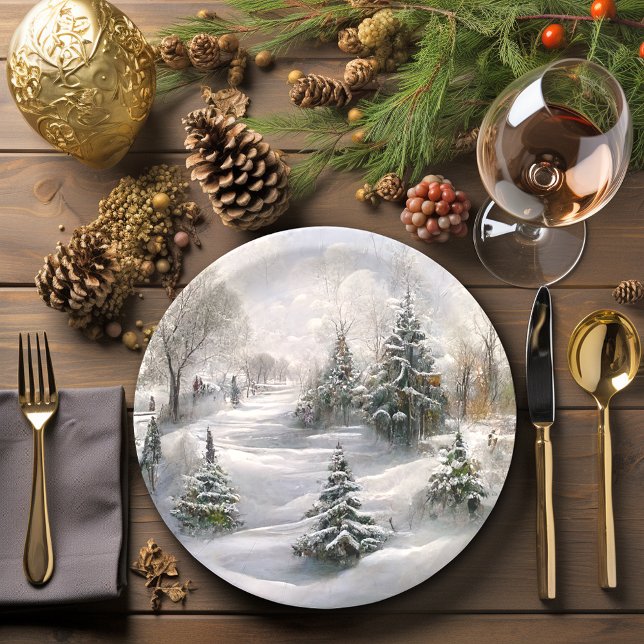 Merry Christmas Winter Forest Landscape  Paper Plates (Beautiful Winter scene Christmas Paper Plates)