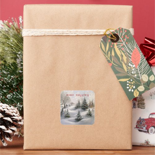 Merry Christmas Winter Forest Landscape  Square Sticker