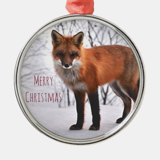 Merry Christmas Winter Fox In Snow Metal Ornament (Front)