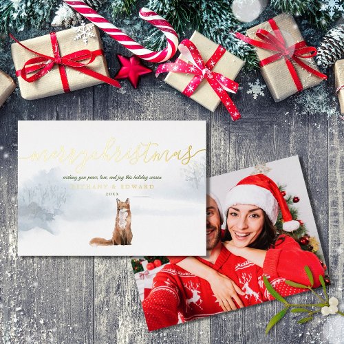 Merry Christmas Winter Fox Photo Gold Foil Holiday Card