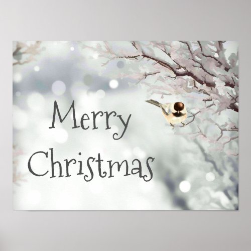 Merry Christmas Winter Frost Bird Forest Grey Poster