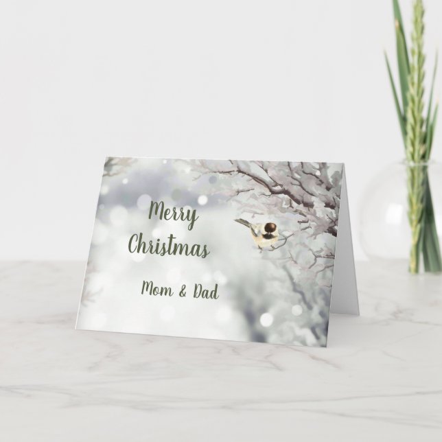 Merry Christmas Winter Frost Bird Mom & Dad Holiday Card (Front)