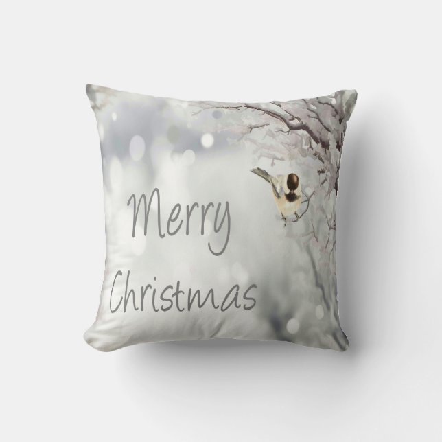 Merry Christmas Winter Frosty Bird Traditional Throw Pillow (Front)
