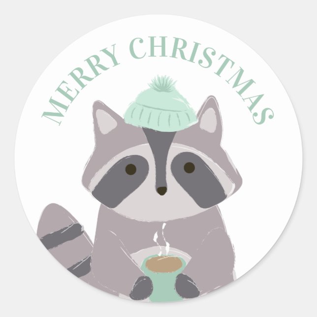 Merry Christmas. Winter funny raccoon. Cute animal Classic Round Sticker (Front)