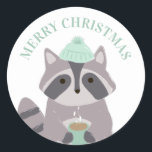 Merry Christmas. Winter funny raccoon. Cute animal Classic Round Sticker<br><div class="desc">"Merry Christmas" sticker with cute raccoon. Contact me,  please,  if you need additional items.</div>