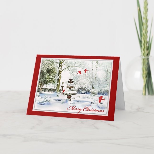 Merry Christmas Winter Garden & Cardinals Holiday Card (Front)