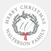 Merry Christmas Winter Garland Wreath Monogram Classic Round Sticker (Front)