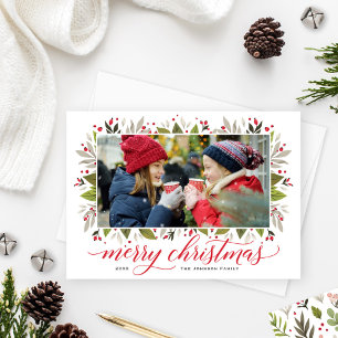 Merry Christmas Winter Greenery Border Photo Holiday Card