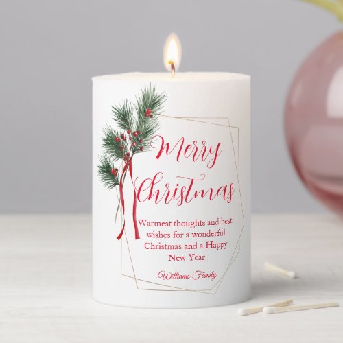 merry christmas winter greenery geometric gold red pillar candle