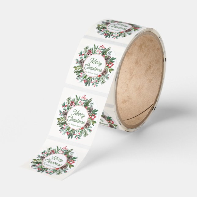 merry christmas winter greenery green script classic round sticker (Roll)