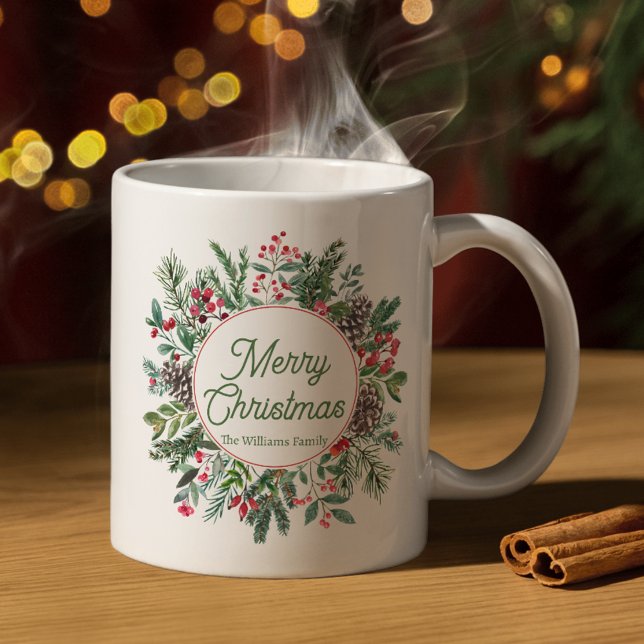 merry christmas winter greenery green script coffee mug (Creator Uploaded)