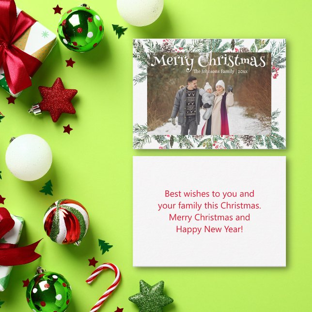 merry christmas winter greenery holiday photo  note card (Creator Uploaded)