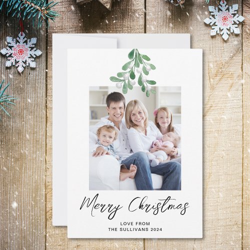 Merry Christmas Winter Greenery Mistletoe Photo Holiday Card