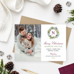 Merry Christmas Winter Greenery Monogram Photo Holiday Card<br><div class="desc">This elegant Merry Christmas and Happy New Year holiday card features a portrait photo adjacent to a beautiful floral watercolor winter greenery wreath with custom burgundy monogram initial. Stylish burgundy red, green, and dark gray text includes "Our New Home for the Holidays" text along with your new address. A coordinating...</div>