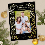 Merry Christmas Winter Greenery Photo Gold Foil Holiday Card<br><div class="desc">This black Christmas card features an elegant gold foil winter greenery border that frames the vertical photo.</div>