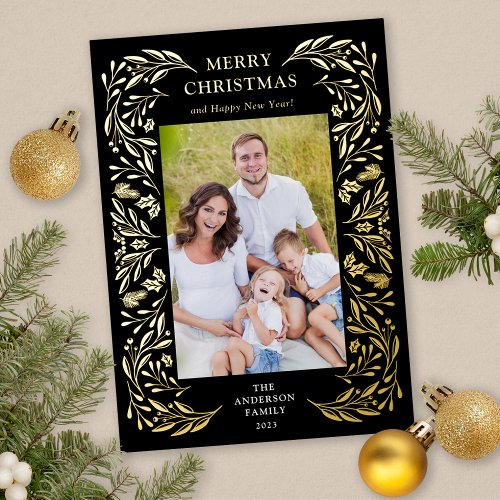 Merry Christmas Winter Greenery Photo Gold Foil Holiday Card