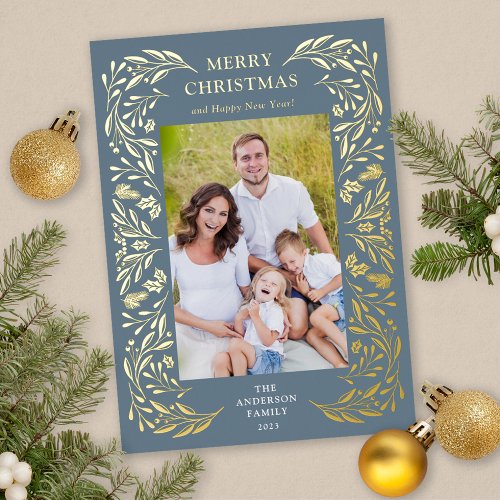 Merry Christmas Winter Greenery Photo Gold Foil Holiday Card
