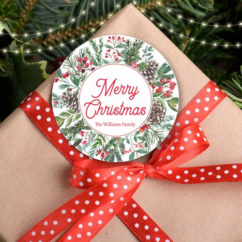 merry christmas winter greenery red calligraphy  classic round sticker