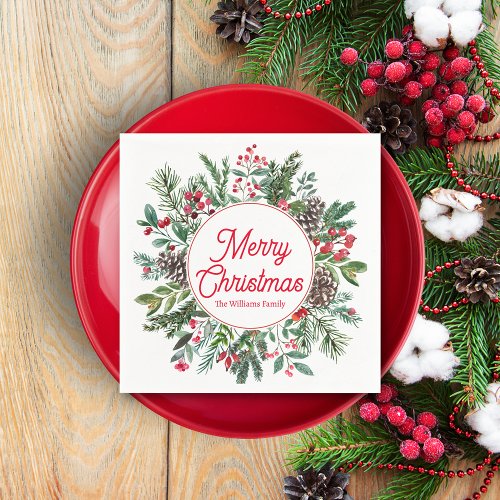 merry christmas winter greenery red script chic napkins