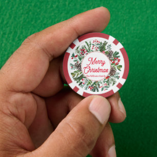 merry christmas winter greenery red script classic poker chips