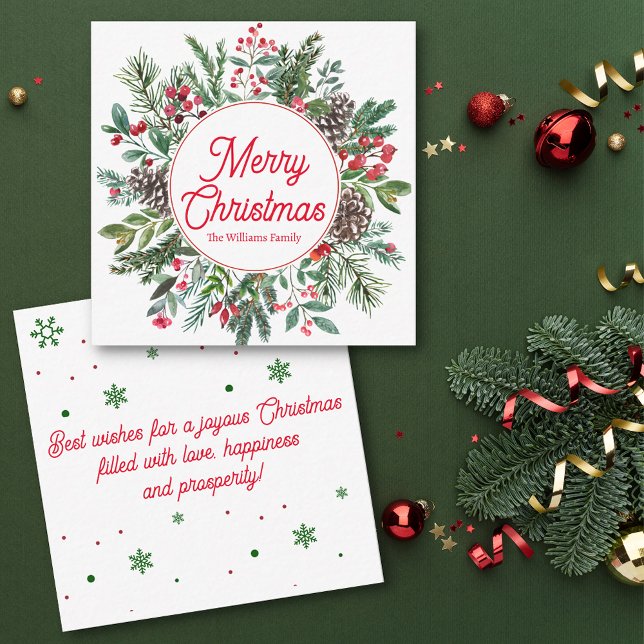 merry christmas winter greenery red script holiday note card (Creator Uploaded)
