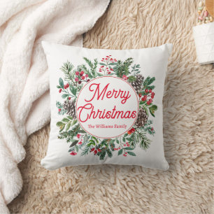 merry christmas winter greenery red script holiday throw pillow