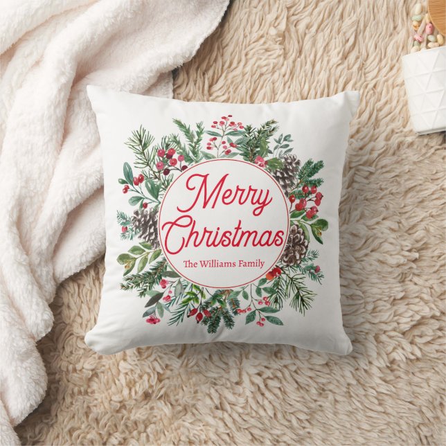 merry christmas winter greenery red script holiday throw pillow (Blanket)